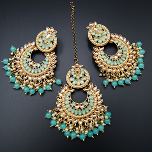 Canisa- Gold Kundan/Turquoise Beads Earring Tikka Set - Antique Gold